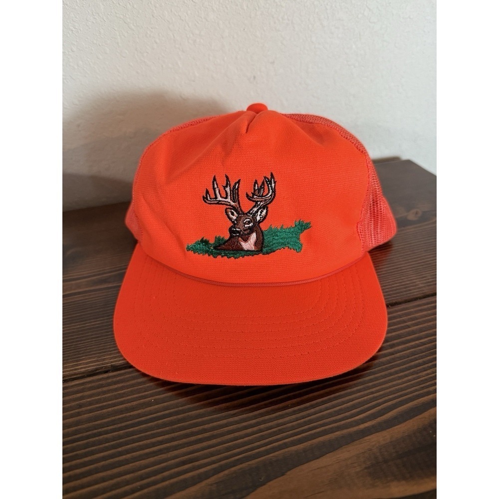 Vintage‎ Bright Neon Orange Cap Youth Hunting Dear Headwear Hat Embroidered